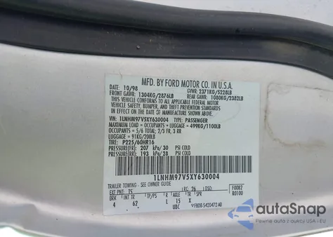 1999 Lincoln Continental из США, поврежденный, VIN 1LNHM97V5XY630004